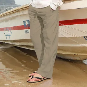 Detailansicht der lässigen Herren-Baumwoll-Leinen Kordelzug lose gerade Hose in Khaki.