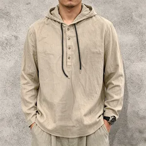 Men's casual linen hooded long sleeve shirt with drawstring and buttons, loose fit top.