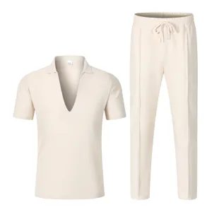 Waffle knit two-piece set detail, casual v-neck short sleeve shirt and drawstring trousers.