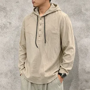 Close-up view of men's casual linen hooded shirt, showing button placket and drawstring detail.
