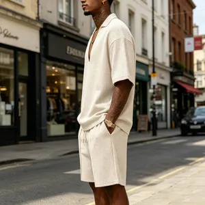Men waffle knit short sleeve v-neck top and shorts casual street style detail shot.