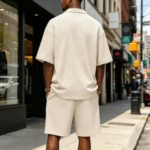 Men Casual Waffle Short Sleeve Shirt Shorts Two-Piece Summer Solid Color Outfit