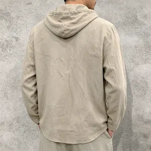 Men's linen long sleeve hoodie casual loose fit pullover top back view spring autumn