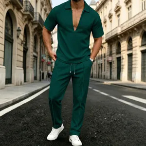 Men summer casual two piece set dark green deep v neck short sleeve shirt and long pants