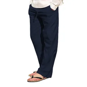 Herren Freizeit Lose Baumwolle Leinen Kordelzug Weites Bein Hose Einfarbig Sommer lang