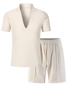 Men casual waffle knit two-piece set, V-neck short sleeve shirt and drawstring shorts.
