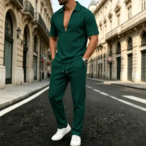 Men waffle knit short sleeve v-neck shirt and casual long pants two piece set in deep green.