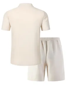 Detailed back view of men casual beige waffle knit short sleeve polo shirt and shorts set.