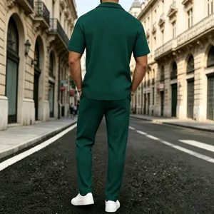Men waffle knit short sleeve shirt pants set casual summer two piece outfit green apparel