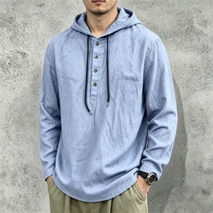 Men's casual long sleeve hooded linen shirt with buttons and drawstrings for spring and autumn.