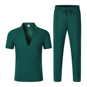 Men summer casual deep v-neck short sleeve polo shirt and trousers two-piece tracksuit.