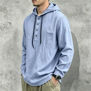Men's casual long sleeve linen hoodie shirt with buttons and drawstrings for daily wear.