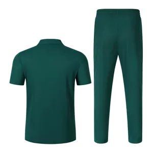 Men's summer dark green short sleeve polo shirt and trousers casual two piece set.