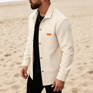 Chemise veste à manches longues en tricot gaufré pour homme avec poche poitrine