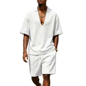 Men's Summer Casual Waffle Knit Set Deep V-Neck Short Sleeve T-Shirt and Shorts Outfit