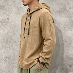 Men's casual long sleeve hooded linen shirt with drawstring and buttons, khaki color detail view.
