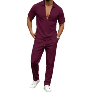 Men's casual waffle knit short sleeve v-neck polo shirt and trousers two-piece set main view.