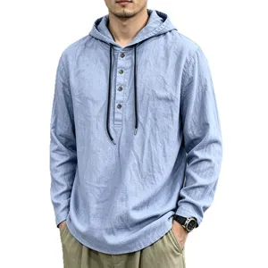 Men's long sleeve linen hoodie casual pullover shirt with adjustable drawstring buttons