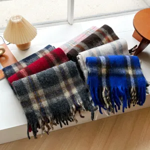 Cozy winter thick plaid tassel scarf detail view, retro warm oversized soft neck wrap.