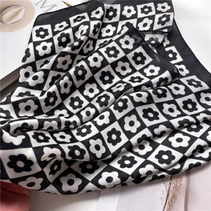 Pañuelo cuadrado con estampado floral en blanco y negro, elegante pañuelo fino de moda.