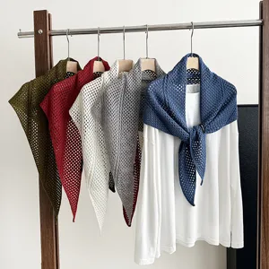 Wool blend hollow-out knitted triangle shawl scarf for women autumn winter warm cape