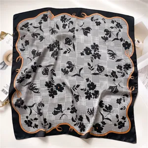 Panuelo cuadrado de seda para mujer, estampado floral pata de gallo, chal ligero primavera.