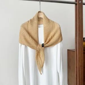 Wool blend hollow knit triangle shawl, minimalist solid color fashion scarf for women.
