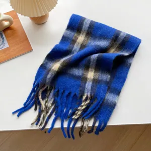 Cozy blue plaid fringe scarf for autumn and winter, warm and stylish long winter wrap.