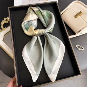 Silk scarf for women, elegant floral printed small square scarf, chic neckerchief accessory.