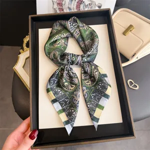 Vintage green paisley printed silk square scarf elegant neckerchief chic head wrap for women