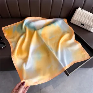 Detailed view of literary fresh print fashion silk scarf, elegant square shawl for women.