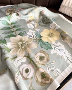 Elegant green floral silk square scarf, vintage print women fashion neckerchief shawl.