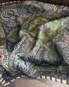 Retro green paisley silk square scarf with elegant baroque pattern, smooth and luxury feel.