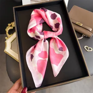Pink abstract print silk feel square scarf for women, elegant neckerchief and hair band.