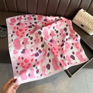 Chic pink abstract leopard print imitation silk square scarf for women daily styling.