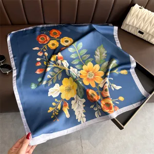 Elegant floral print silk square scarf for women, fashionable neckerchief and chic hair band.