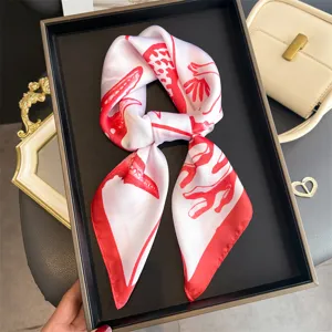 Red and white marine print silk square scarf, elegant coastal vacation neckerchief for women.
