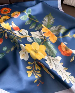 Elegant blue floral print silk square scarf for women, soft fashion neckerchief shawl.
