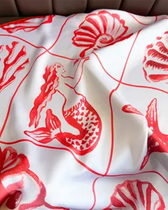Mermaid seashell red print scarf fabric detail close-up luxury satin texture square wrap