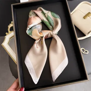 Elegant floral print silk square scarf for women, stylish neckerchief and hair band.