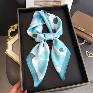 Blue abstract silk square scarf for women, stylish neck scarf and elegant hair wrap.