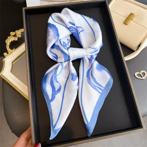 Blue and white printed silk scarf square scarf detail, elegant neck tie hair band.