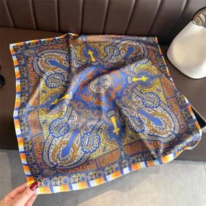 Vintage baroque cross print square silk scarf elegant women neckerchief hair wrap