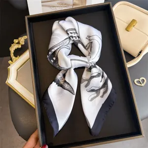 Elegant black and white printed silk square scarf for women, stylish neckerchief and hairband.