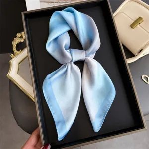 Elegant gradient blue silk square scarf for women, stylish neckerchief and hair band accessory.
