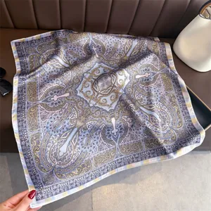 Vintage retro paisley print silk square scarf for women, elegant fashion shawl neckerchief.