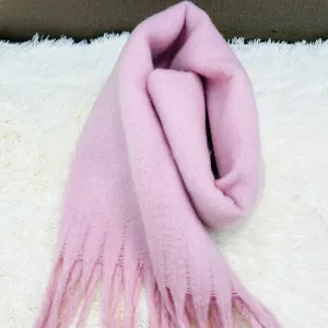 Pink fluffy mohair winter scarf with fringe, thick warm solid color knitted scarf.