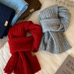 Cozy winter solid color knitted scarf soft warm wool neck warmer for women students