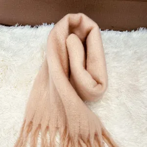Thick solid color mohair tassel scarf for women, cozy winter warm long winter scarf detail.