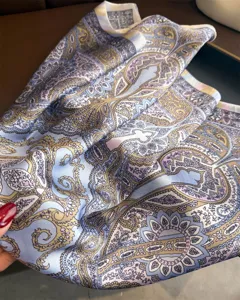 Vintage paisley print silk square scarf, elegant ethnic style neckerchief for women.